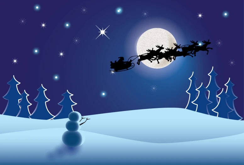 a reindeer sleigh in the sky near a snowman