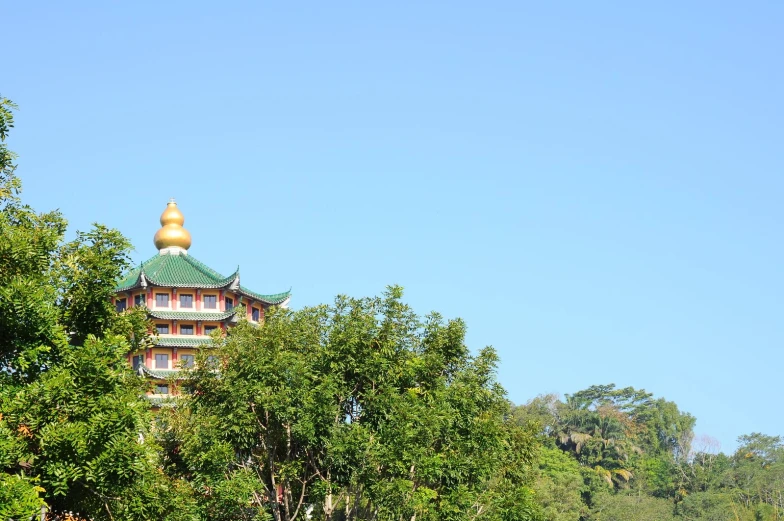 a view of a building in a park with trees and grass