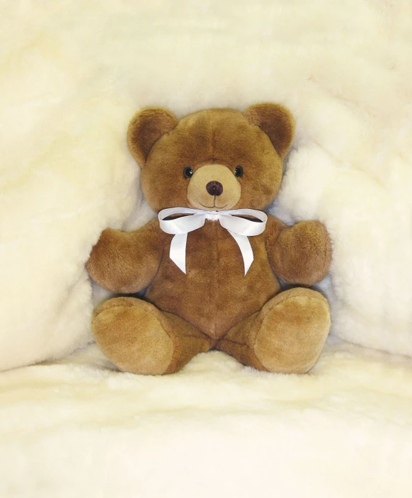 a stuffed teddy bear sitting up against a blanket