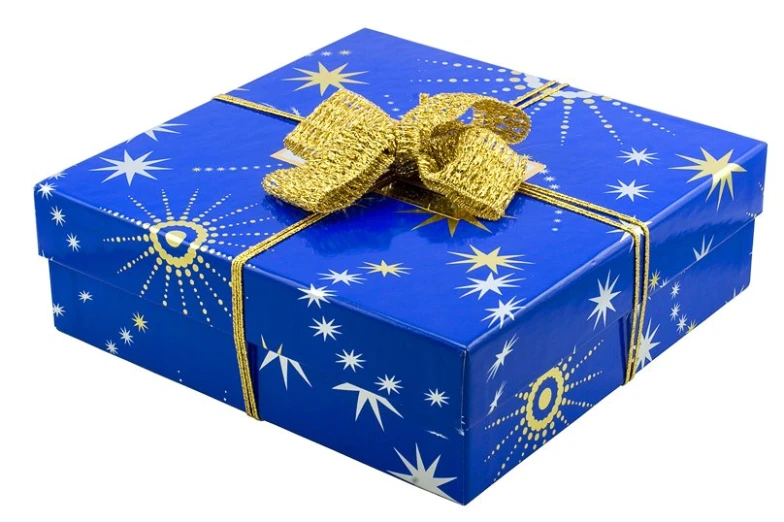 blue gift box with gold bow and ornaments