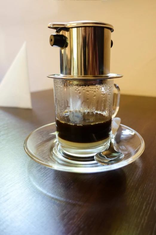 a cup with a saucer sitting on a wooden table