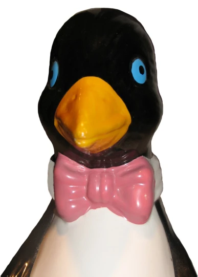 a white and black penguin with a pink bow tie