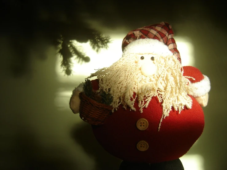 a close up of a santa claus doll wearing a red and white hat