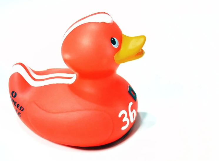 a rubber ducky with a white stripe and name tag