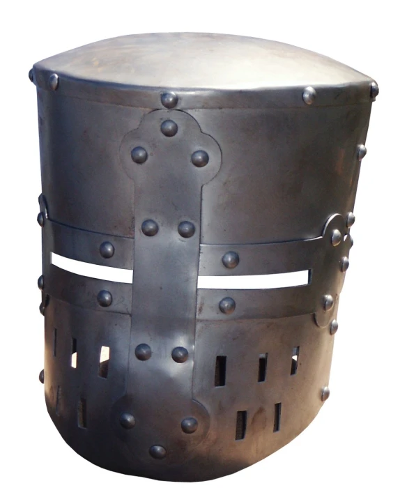 a decorative metal round stool with riveted metal strips and holes on the side