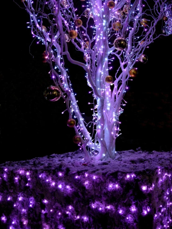 a lit tree covered in holiday balls next to purple bushes