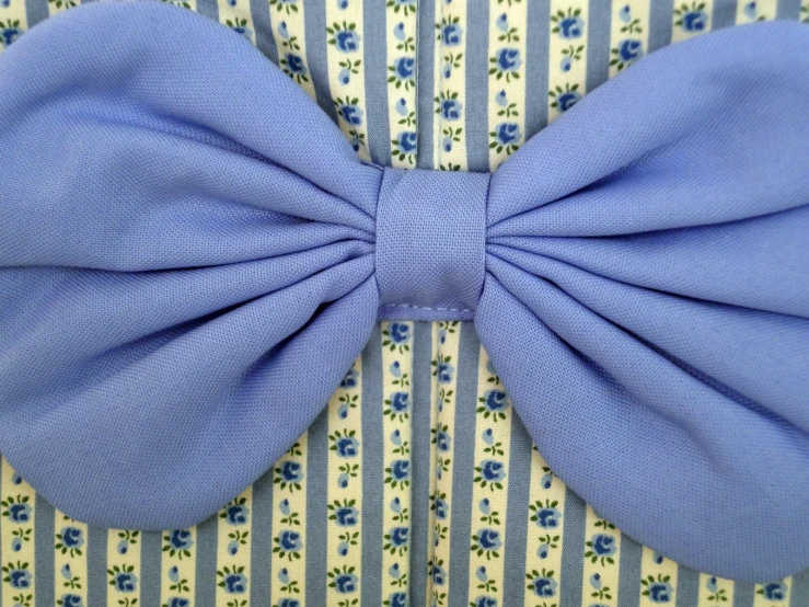 a blue bow sits on a shirt with floral designs