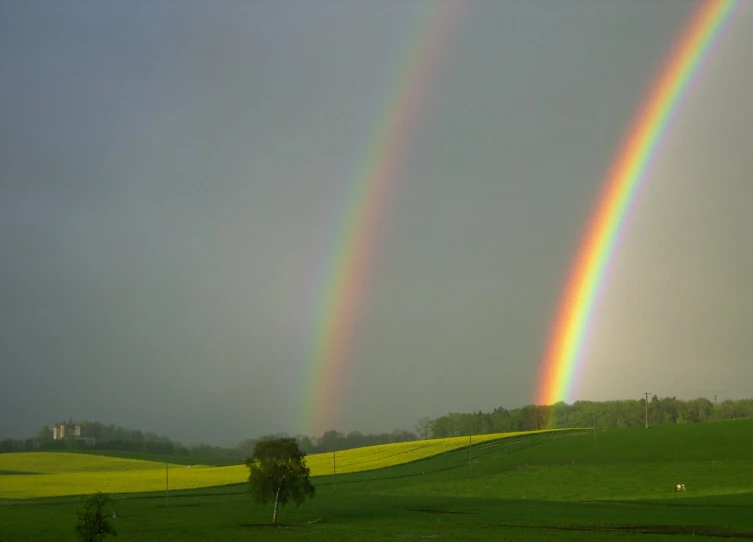 a double rainbow appears to be overcastting a green landscape