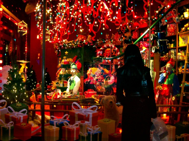 a christmas scene in an outdoor store filled with lights
