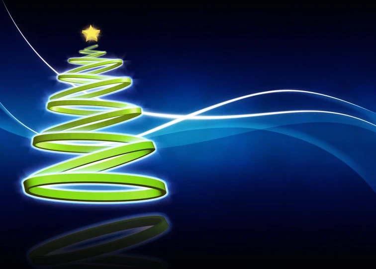 a green christmas tree is displayed on blue waves