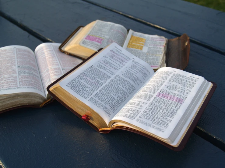 three open books lay on top of a picnic table