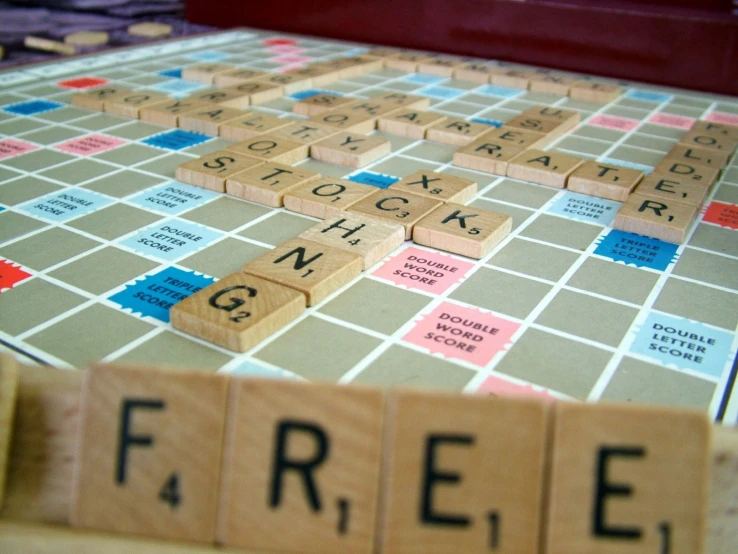 a close up of the words and letters on a scrabble board