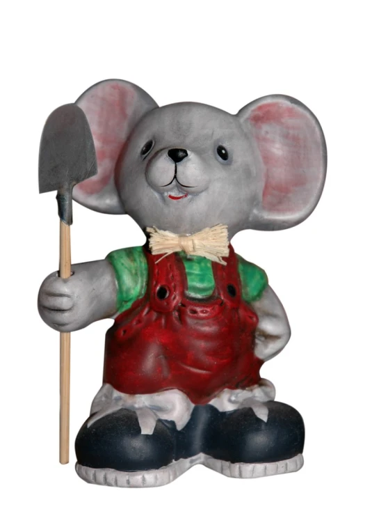 a ceramic mouse holding a pitchfork and wearing a red overall