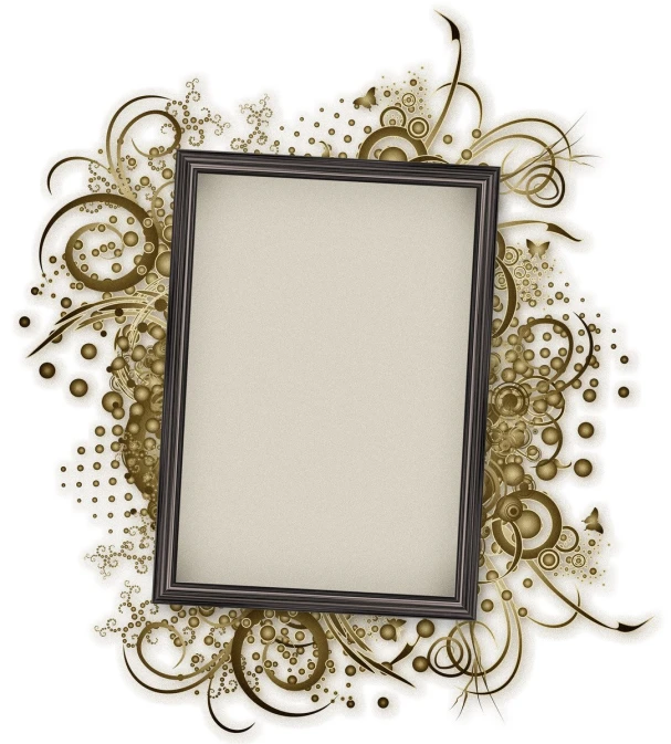 a white square frame with black and gold swirls on it