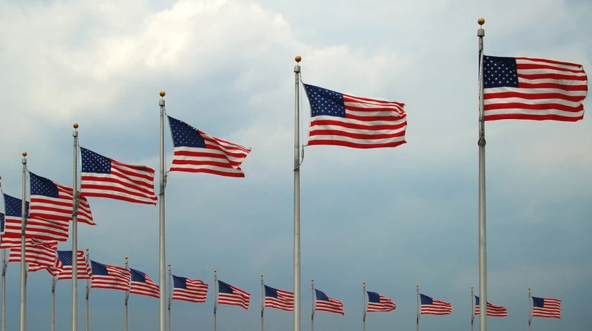 many flags waving on the wind on a cloudy day