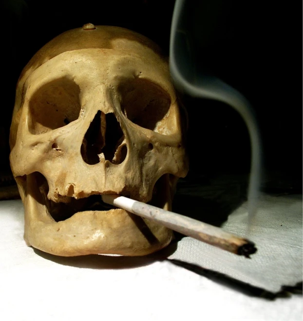 a skull with a cigarette in it is smoking