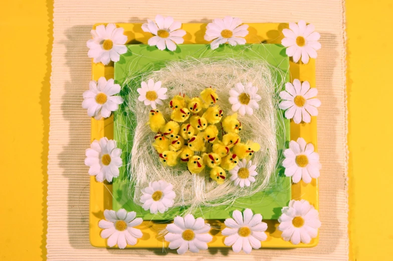 a plate is holding flowers, in the form of a square