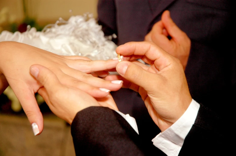 a bride and groom putting wedding ring on their finger