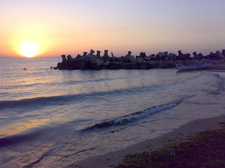 a beach with an island at sunset with many birds on it