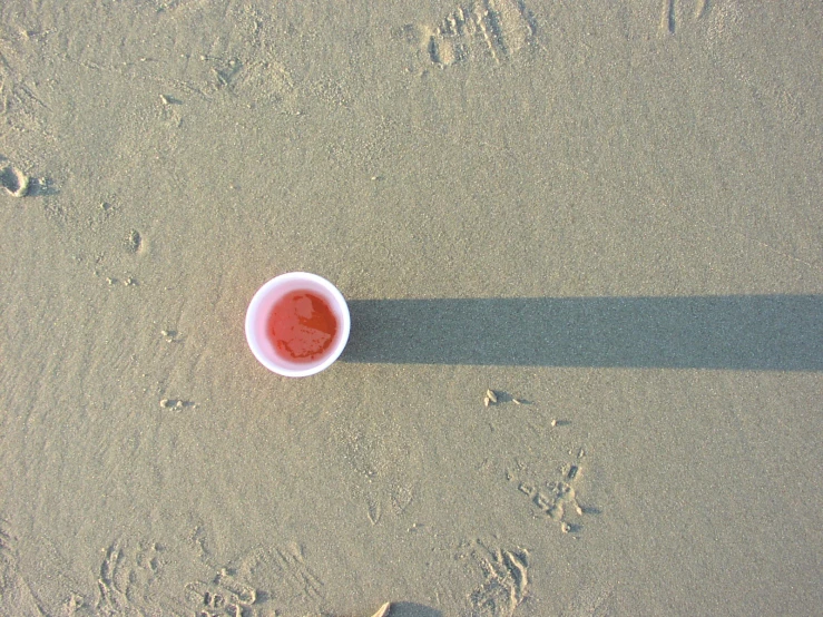 a cup with liquid in it laying on the sand