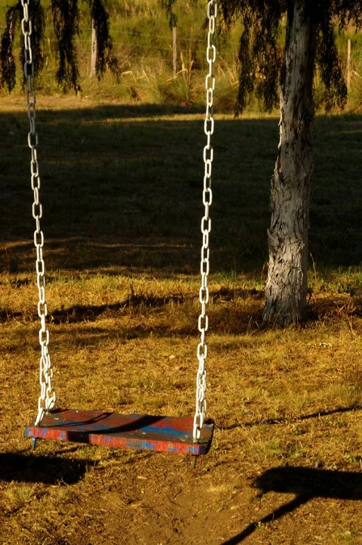 the swing is suspended by chains in the yard