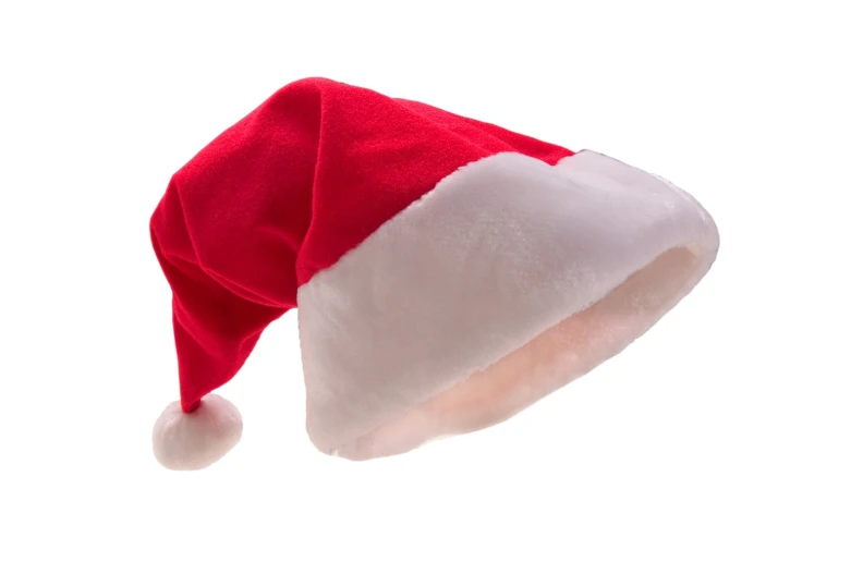 a red and white santa hat with one knot hanging off of it