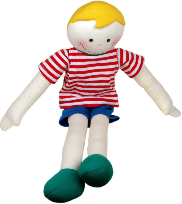 a white and red doll with green shoes