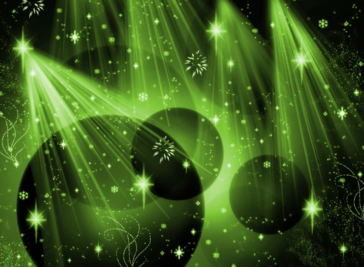 green abstract design with lights, circles and stars