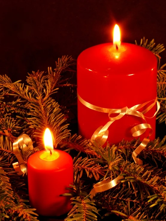 two red candles with ribbons next to green fir tree