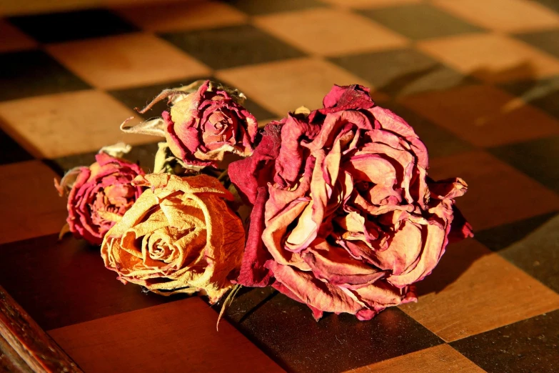 two pink and one yellow dried roses on a checkered surface