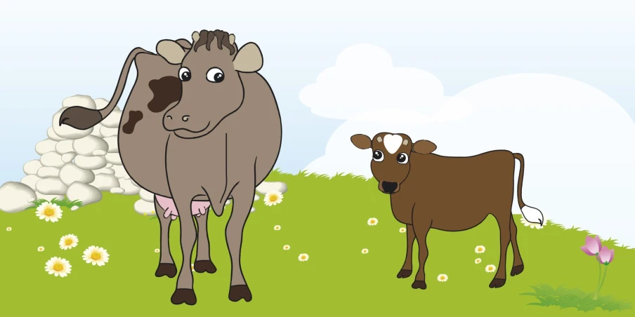 two cows on a grass and daisy field