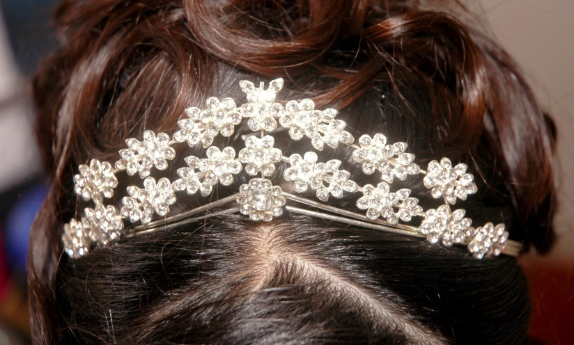 close up view of a woman wearing an ornate hair comb