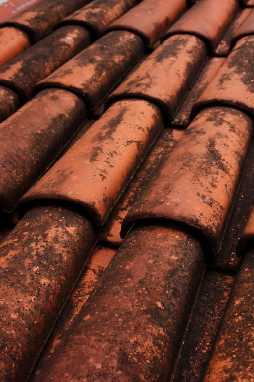 a close up s of an old roof made of rusted brown tiles