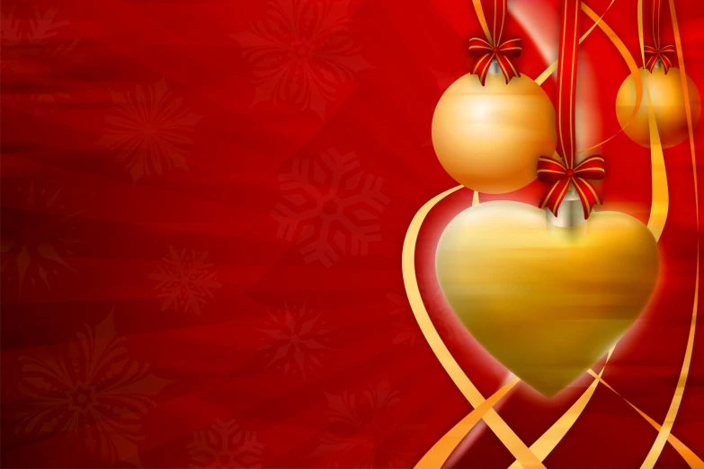 two hearts with gold ribbons and bows on a red background