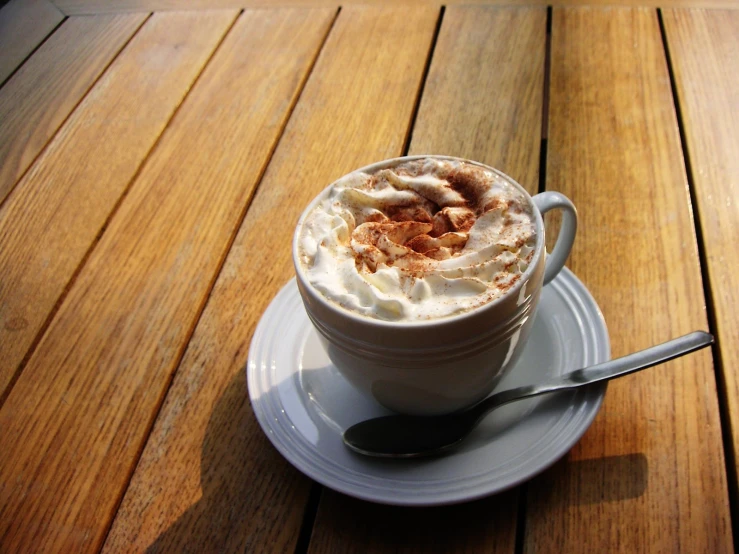 a cup of coffee sits on the wood table