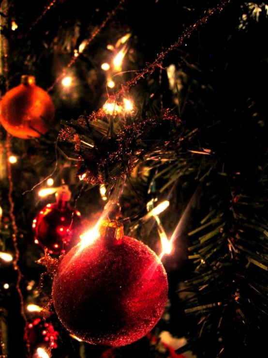 close up of red and white baubles on a christmas tree