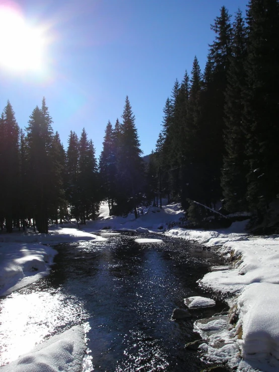 there is a mountain stream in the snow