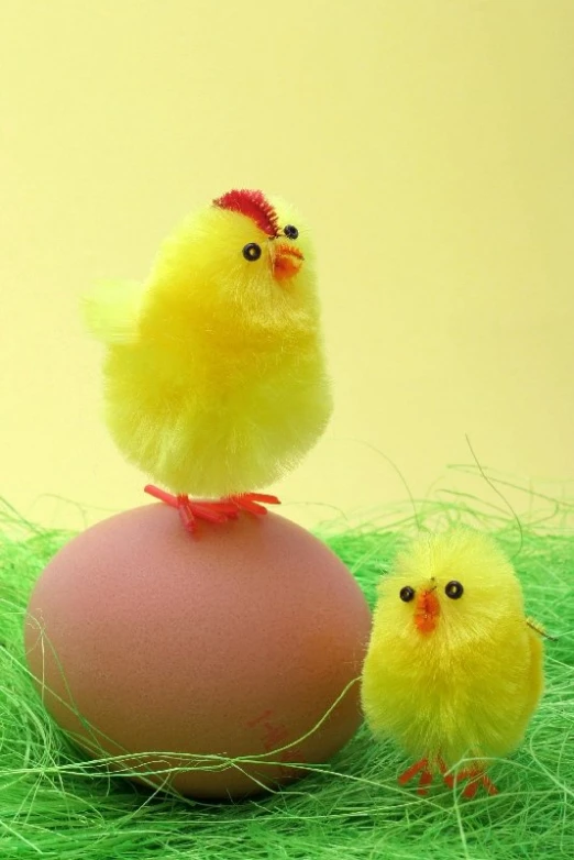 a chicken and its chickling sit on top of a pink egg