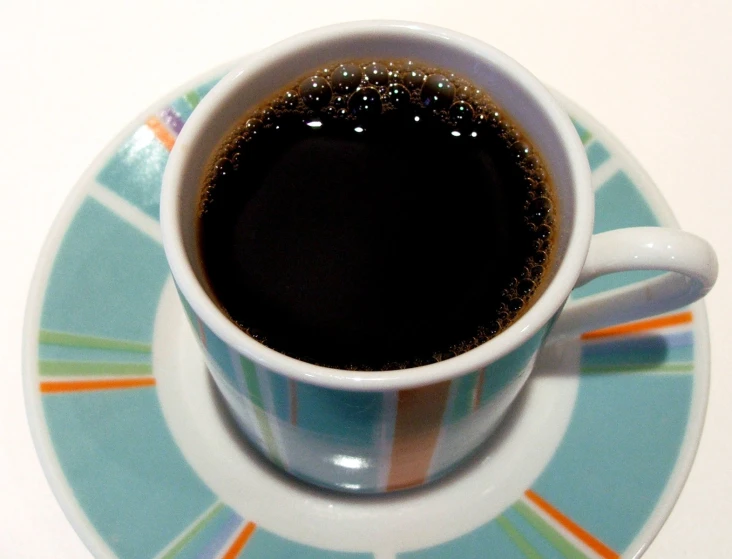 a cup of coffee with saucer is on a plate