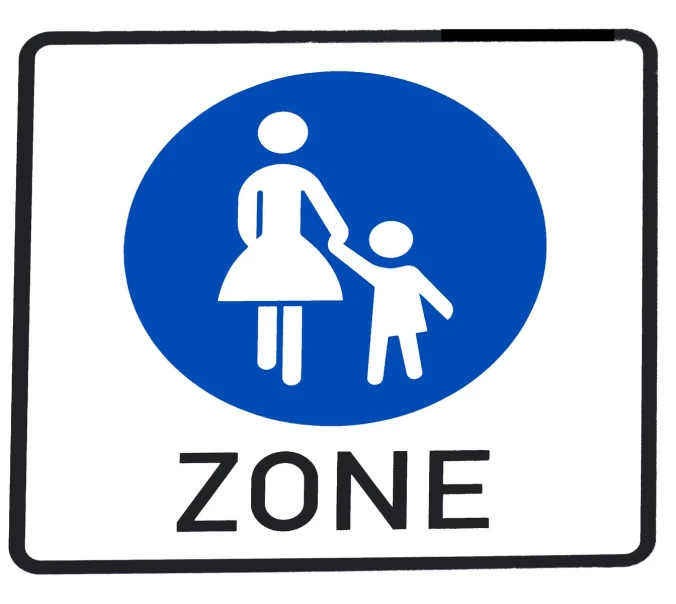 a blue and white sign that says zone