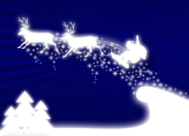 a man riding on a sleigh as two deers fly above them