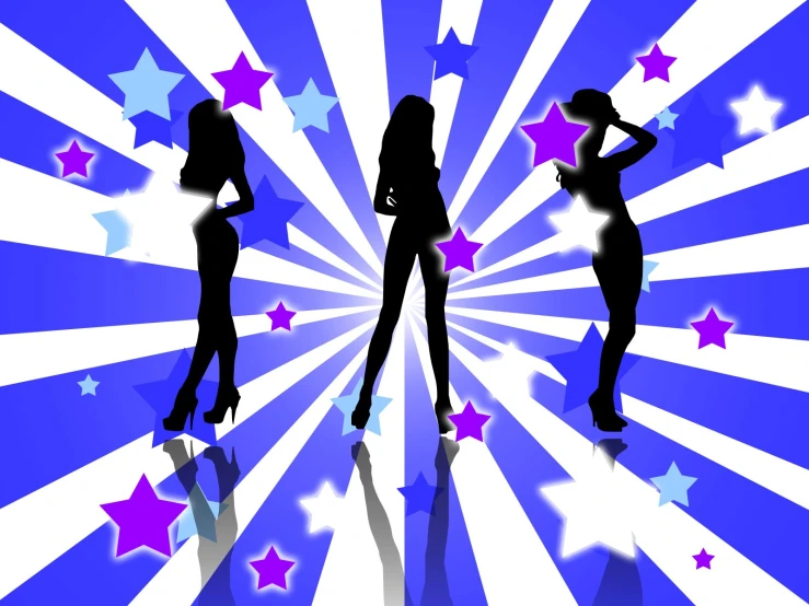 three women silhouettes dancing with stars and bubbles