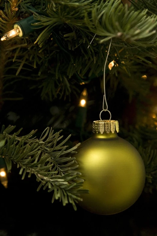 a yellow ornament hanging from the nches of a christmas tree