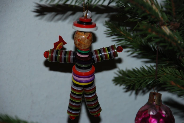 a small wooden ornament shaped like a clown