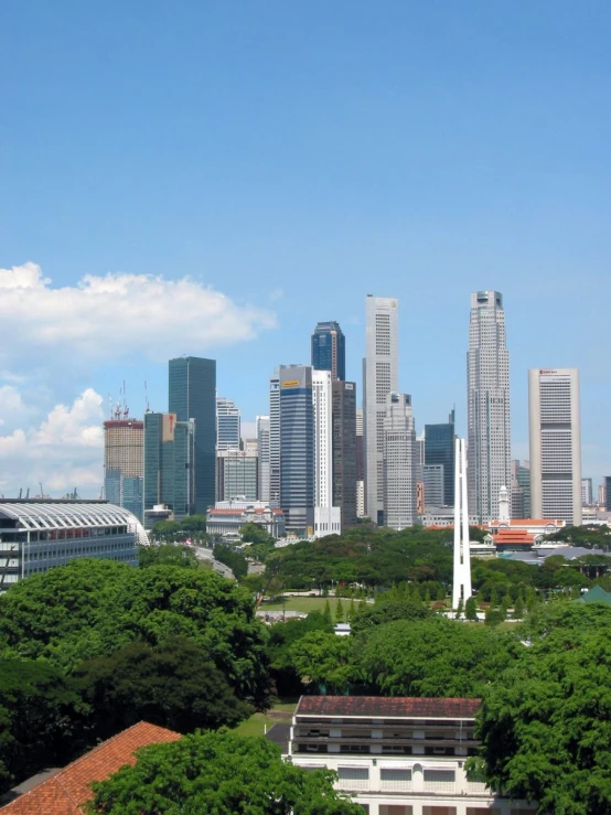 a city skyline from a distance with tall buildings