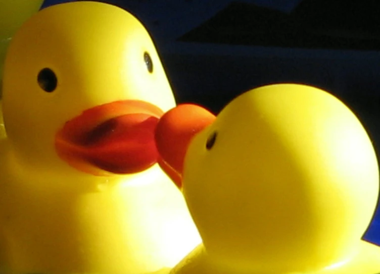 a rubber ducky is holding its nose to a rubber duckie