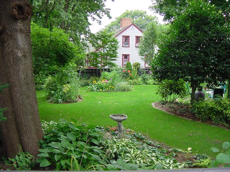 a large backyard with a bird bath and flower garden