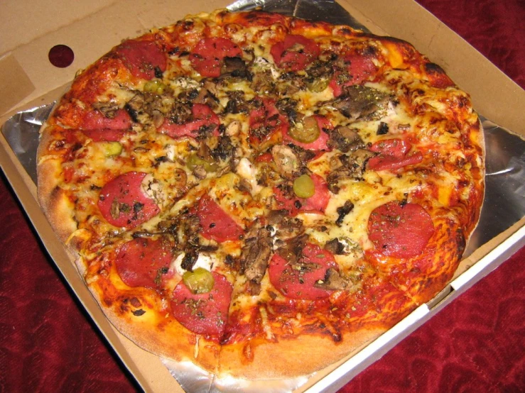 a sliced pizza in a pizza box on a table