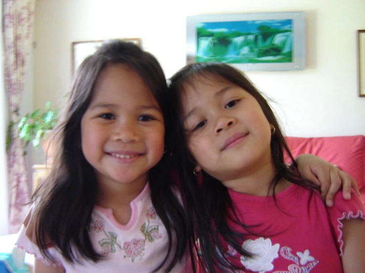 two small girls in pink shirts posing for a picture