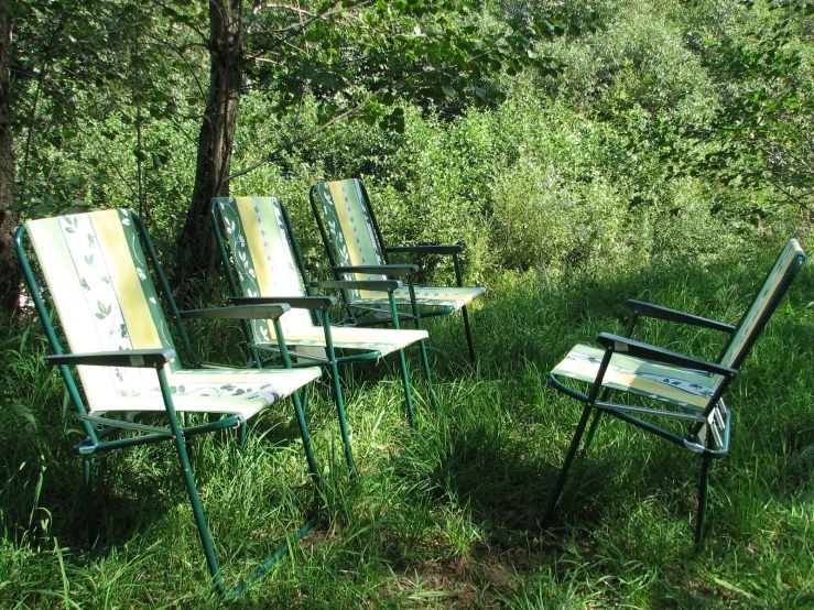 some chairs are sitting in the grass by a tree